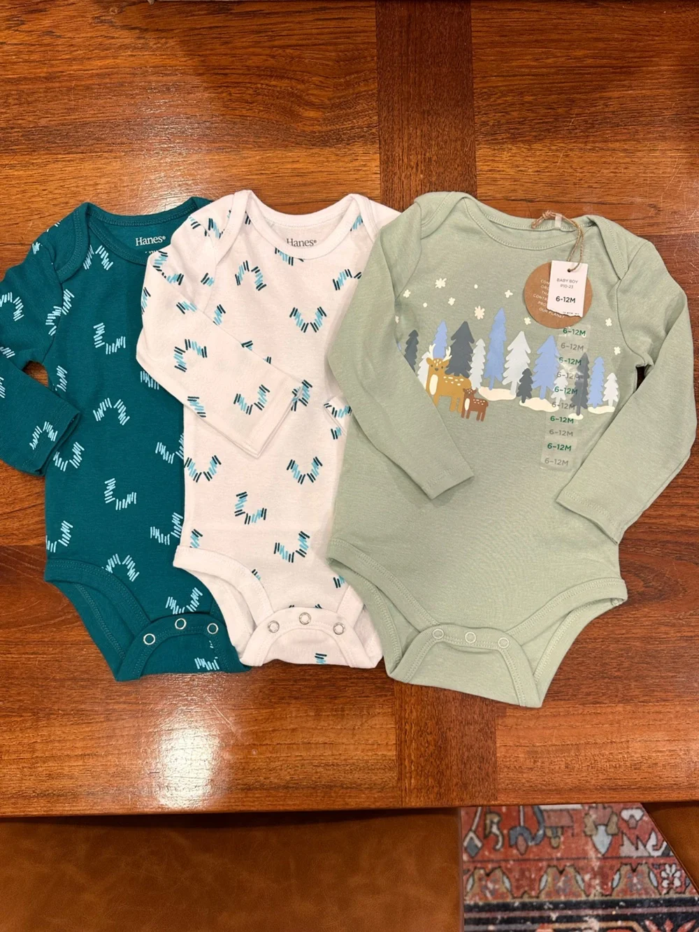 NEW Set of 3 Gender Neutral Long Sleeve Bodysuits, 6-12 Months